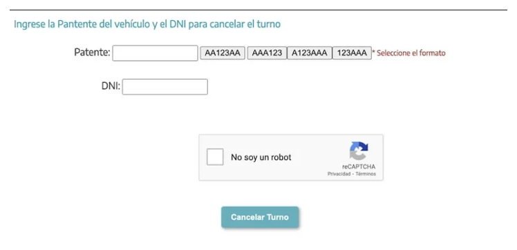 Pantalla para cancelar el turno de la VTV en Longchamps con patente y DNI