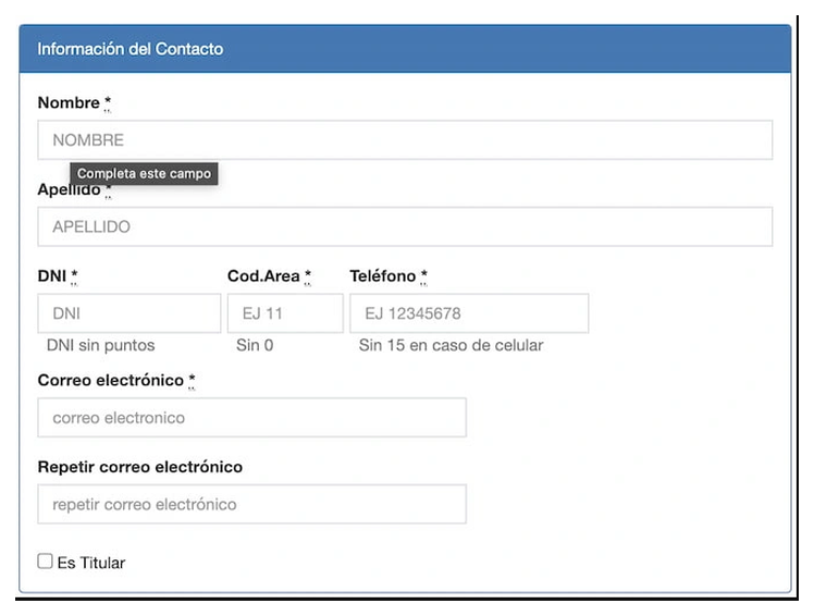 Paso 2 para sacar turno de la VTV en Longchamps: información del contacto